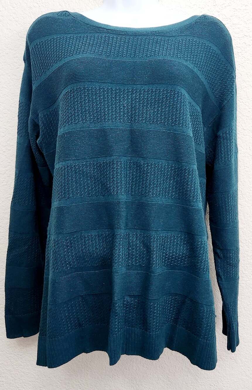 Coldwater Creek Green Blue Tight Knit Wool Blend Boat Neck Sweater L 14 Soft